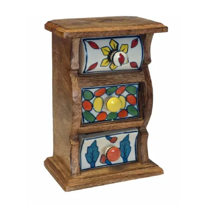 Mango Wood Ceramic 3 Drawer Almirah 18cm