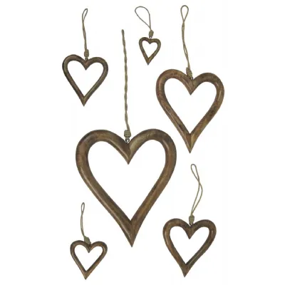 Mango Wood Set Of 6 Hanging Hearts 36cm