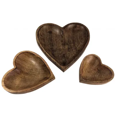 Set of 3 Mango Wood Heart Shaped Trays