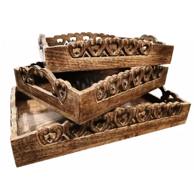 Set of 3 Trays Cutwork Heart Burnt 46cm