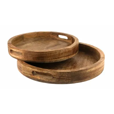 Mango Wood Set of 2 Plain Circular Trays 35.8cm