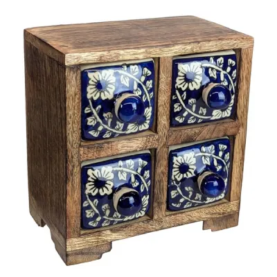 Ceramic 4 Drawer Almirah Mango Wood Dark Blue 15cm