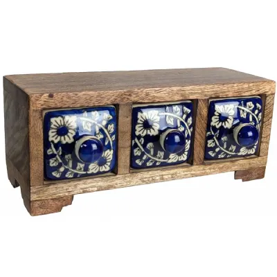 Ceramic 3 Drawer Almirah Mango Wood Horizontal Dark Blue 20.5cm