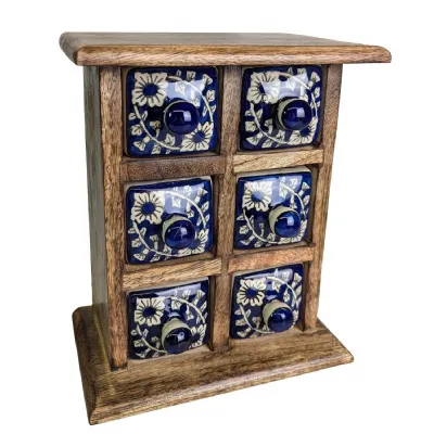 Ceramic 6 Drawer Almirah Mango Wood Dark Blue 20.5cm