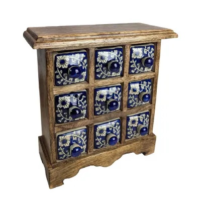 Ceramic 9 Drawer Almirah Mango Wood Dark Blue 26cm
