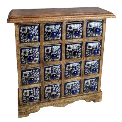 Ceramic 16 Drawer Almirah Mango Wood Dark Blue 33.5cm