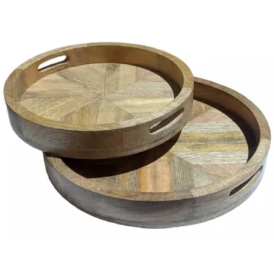 Set of 2 Round Mango Herringbone Circular Trays 35.8cm