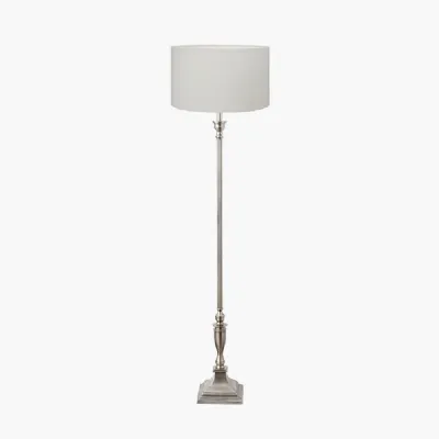 Canterbury Antique Silver Metal Floor Lamp Base with Henry 45cm White Handloom Cylinder Lampshade
