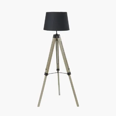 Windsor Sage Green Wooden Tripod Floor Lamp with Adelaide 40cm Black Tapered Cotton Mix Lampshade