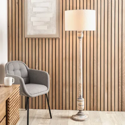 Grey Wash Mango Wood Floor Lamp with White Boucle Shade