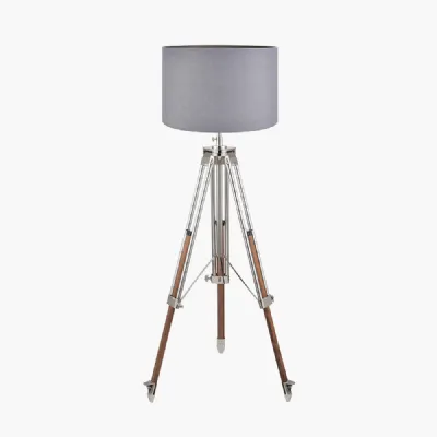 Port Nickel and Wood Tripod Floor Lamp Base with Lino 55cm Steel Grey Self Lined Linen Cylinder Lampshade