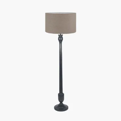 Captiva Antique Black Mango Wood Floor Lamp Base with Edward 45cm Natural Linen Cylinder Lampshade