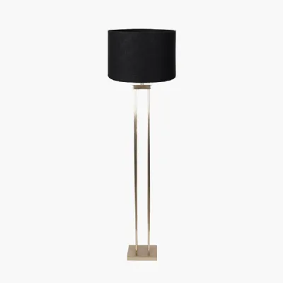 Langston Satin Brass Metal Column Floor Lamp Base with Lino 45cm Black Self Lined Linen Cylinder Lampshade