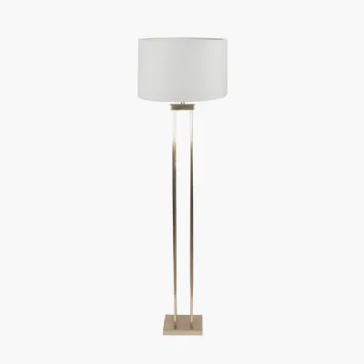 Langston Satin Brass Metal Column Floor Lamp Base with Lino 45cm White Self Lined Linen Cylinder Lampshade