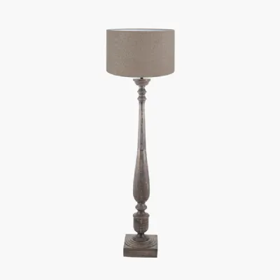 Alia Grey Wash Turned Mango Wood Floor Lamp Base with Edward 45cm Natural Linen Cylinder Lampshade