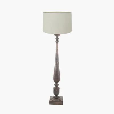 Alia Grey Wash Turned Mango Wood Floor Lamp Base with Lino 45cm Cream Self Lined Linen Cylinder Lampshade