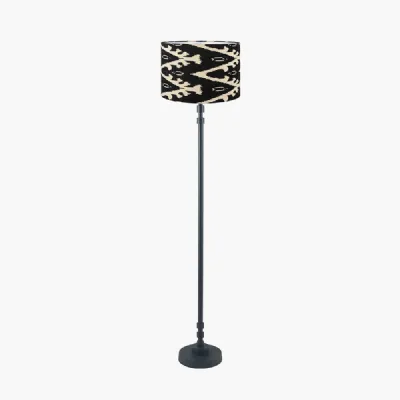 Rhode Matt Black Stick Metal Floor Lamp Base with Lars 40cm Black Ikat Patterned Cylinder Lampshade