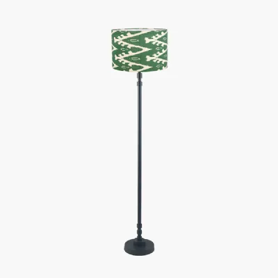 Rhode Matt Black Stick Metal Floor Lamp Base with Lars 40cm Racing Green Ikat Patterned Cylinder Lampshade