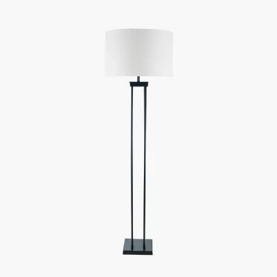 Langston Matt Black Metal Column Floor Lamp Base with Lino 45cm White Self Lined Linen Cylinder Lampshade
