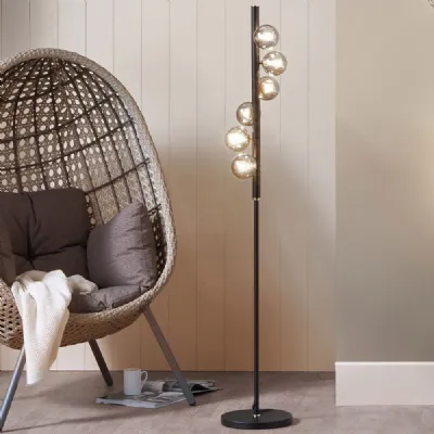 6 Smoke Glass Ball and Black Metal Tall Floor Lamp