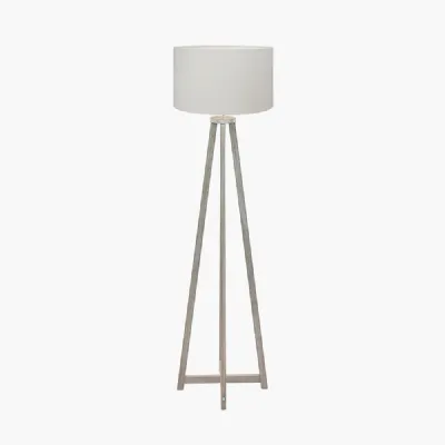 Whitby Grey Wash Wood Tapered 4 Post Floor Lamp Base with Henry 45cm White Handloom Cylinder Lampshade
