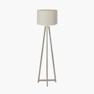 Whitby Grey Wash Wood Tapered 4 Post Floor Lamp Base with Lino 45cm Grey Self Lined Linen Cylinder Lampshade