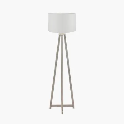 Whitby Grey Wash Wood Tapered 4 Post Floor Lamp Base with Lino 45cm White Self Lined Linen Cylinder Lampshade