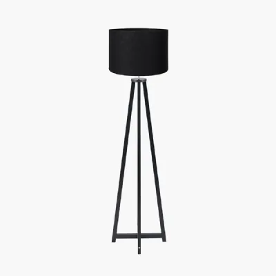 Whitby Matt Black Wood Tapered 4 Post Floor Lamp Base with Lino 45cm Black Self Lined Linen Cylinder Lampshade