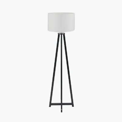 Whitby Matt Black Wood Tapered 4 Post Floor Lamp Base with Lino 45cm White Self Lined Linen Cylinder Lampshade