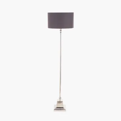 Claudius Nickel Metal Stick Floor Lamp Base with Henry 40cm Grey Handloom Cylinder Lampshade