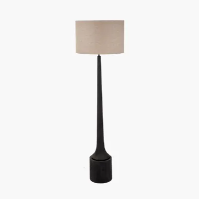 Marin Black Wood Tall Neck Floor Lamp Base with Edward 45cm Natural Linen Cylinder Lampshade