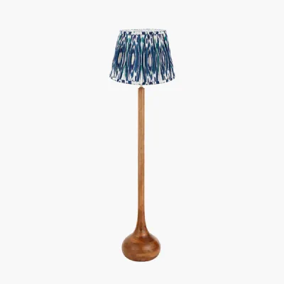 Toma Oiled Wood Tall Neck Floor Lamp Base with Izara 45cm Ocean Blue Ikat Patterned Mushroom Pleat Tapered Lampshade