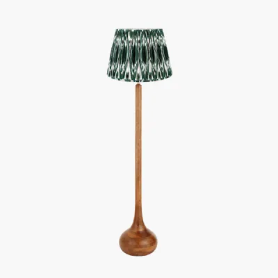 Toma Oiled Wood Tall Neck Floor Lamp Base with Izara 45cm Racing Green Ikat Patterned Mushroom Pleat Tapered Lampshade