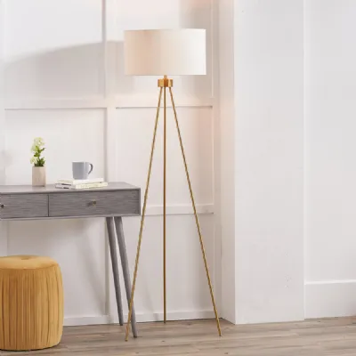 Brushed Brass Metal Tripod Floor Lamp Cream Velvet Shade
