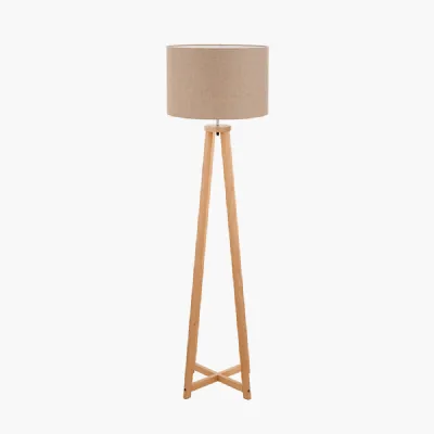 Whitby Natural Wood Tapered 4 Post Floor Lamp Base with Edward 45cm Natural Linen Cylinder Lampshade