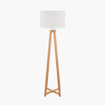 Whitby Natural Wood Tapered 4 Post Floor Lamp Base with Lino 45cm White Self Lined Linen Cylinder Lampshade