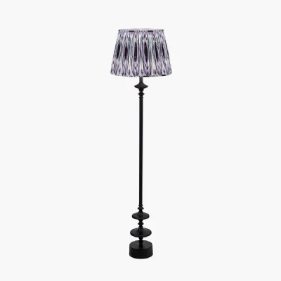 Emilio Matt Black Candlestick Floor Lamp Base with Izara 45cm Lilac Ikat Patterned Mushroom Pleat Tapered Lampshade