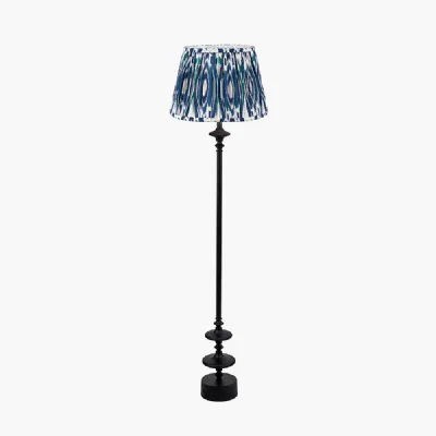 Emilio Matt Black Candlestick Floor Lamp Base with Izara 45cm Ocean Blue Ikat Patterned Mushroom Pleat Tapered Lampshade