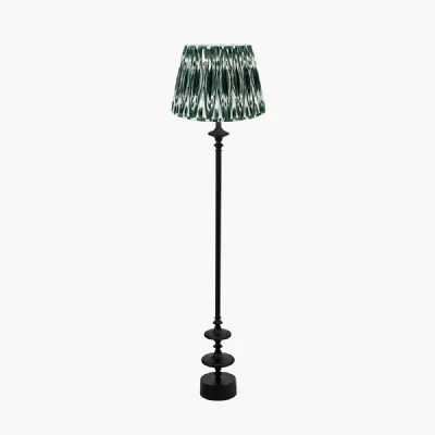 Emilio Matt Black Candlestick Floor Lamp Base with Izara 45cm Racing Green Ikat Patterned Mushroom Pleat Tapered Lampshade