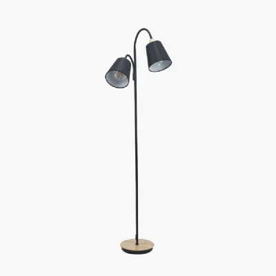 Juna Black Metal and Natural Wood Two Head Floor Lamp