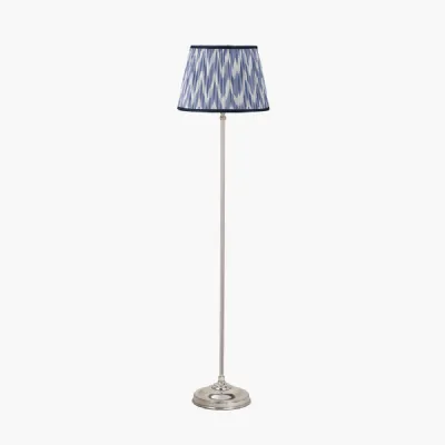 Auden Silver Metal Stick Floor Lamp Base with Kamilah 35cm Blue Chevron Patterned Mushroom Pleat Tapered Lamp Shade