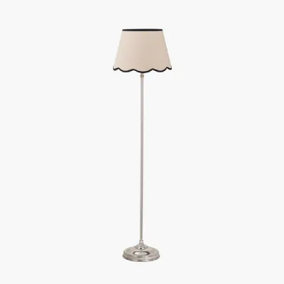 Auden Silver Metal Stick Floor Lamp Base with Tabitha 40cm Cream Jute Scalloped Edge Tapered Lamp Shade with Contrast Binding