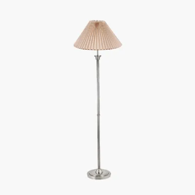 Salvatore Antique Silver Metal Floor Lamp Base with Amelia 45cm Natural Linen Hard Pleat Tapered Lampshade