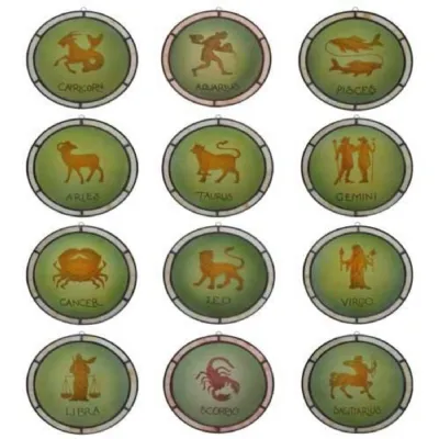 Zodiac Set of 12 Acid Etched Glass Handing Sun Catchers 23cm