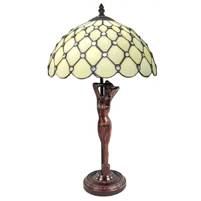 Cream Jewelled Tiffany Lamp With Lady Base 53cm With 30 Dia