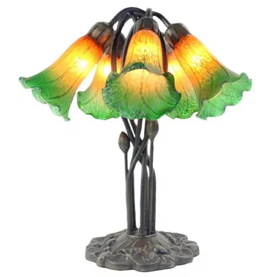Modern Amber and Green Glass 5 Lily Shade Tiffany Table Lamp 43cm