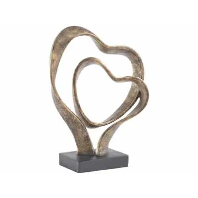 Resin Antique Bronze Gold Double Hearts Intertwined Sculpture on Black Base