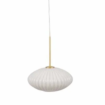White Glass and Gold Metal Ribbed Oval Pendant