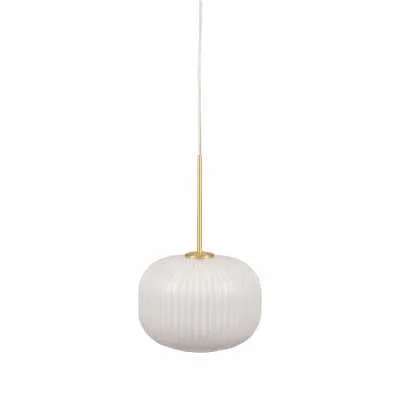 White Glass and Gold Metal Ribbed Squoval Pendant
