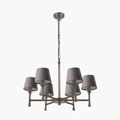 Piero Antique Bronze Metal 6 Arm Pendant with Pelham 15cm Grey Handloom Tapered Candle Clip Lampshade